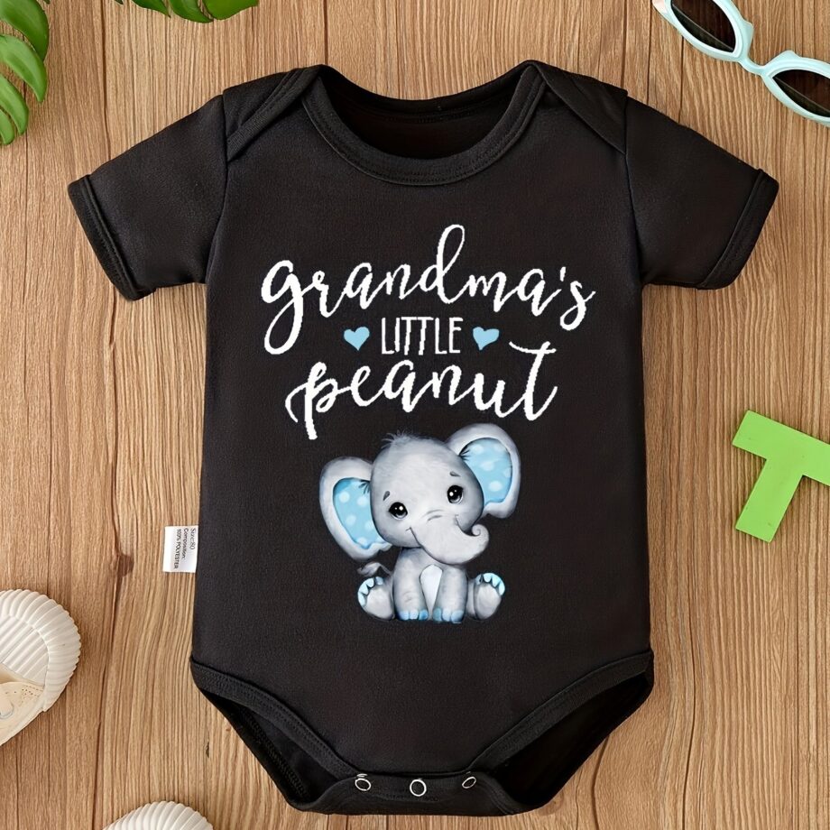 Baby "Grandma'S Little Peanut" Elephant Printed Indoor and Outdoor Jumpsuit Onesie