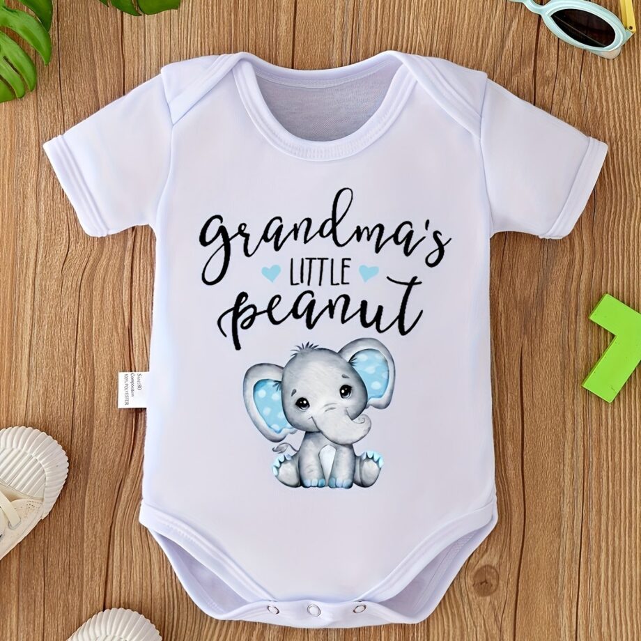 Baby "Grandma'S Little Peanut" Elephant Printed Indoor and Outdoor Jumpsuit Onesie